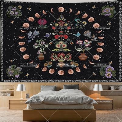 Moon Phases Moonlit Flower Tapestry Bohemian Witchcraft Tapestrys Wall Hanging Botanical FlowersTapestries Room Decor Aesthetic
