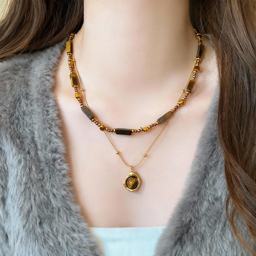 

Tiger Eye Stone Layered Necklace With Stainless Steel Pendant Geometric Style For Daily Use