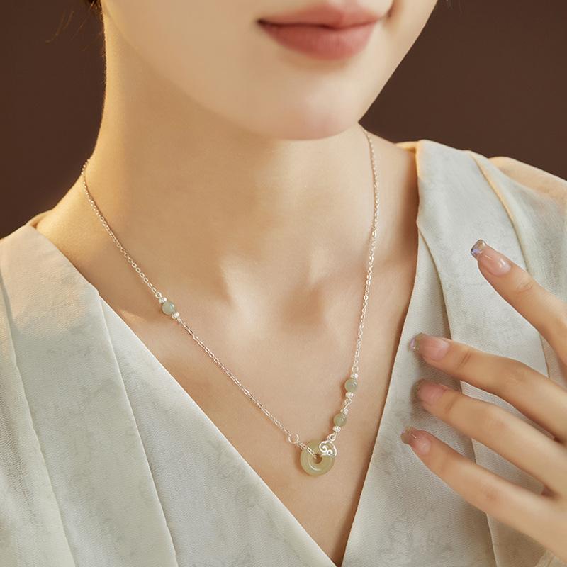Hetian Jade Safety Buckle Necklace, Guochao Wind Auspicious Cloud Round Bead Collarbone Chain, Holiday Gift For Girlfriend And Mother