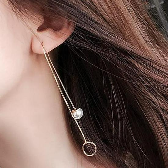 Korean Pearl Circle Long Chain Earrings