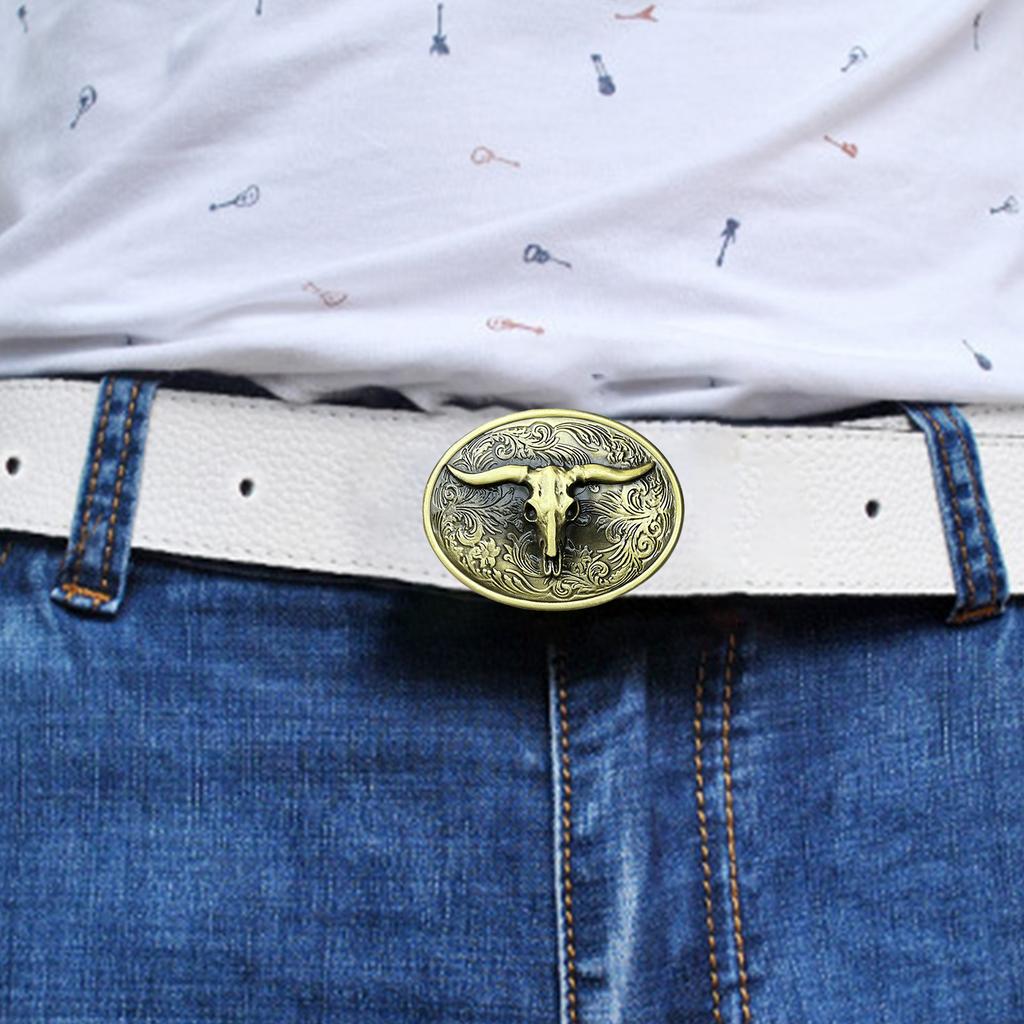 Vintage Carved Floral Pattern Belt Buckle Metal Adult Bull Head Shape Buckle Replacement DIY Craft Belt Oval Buckle