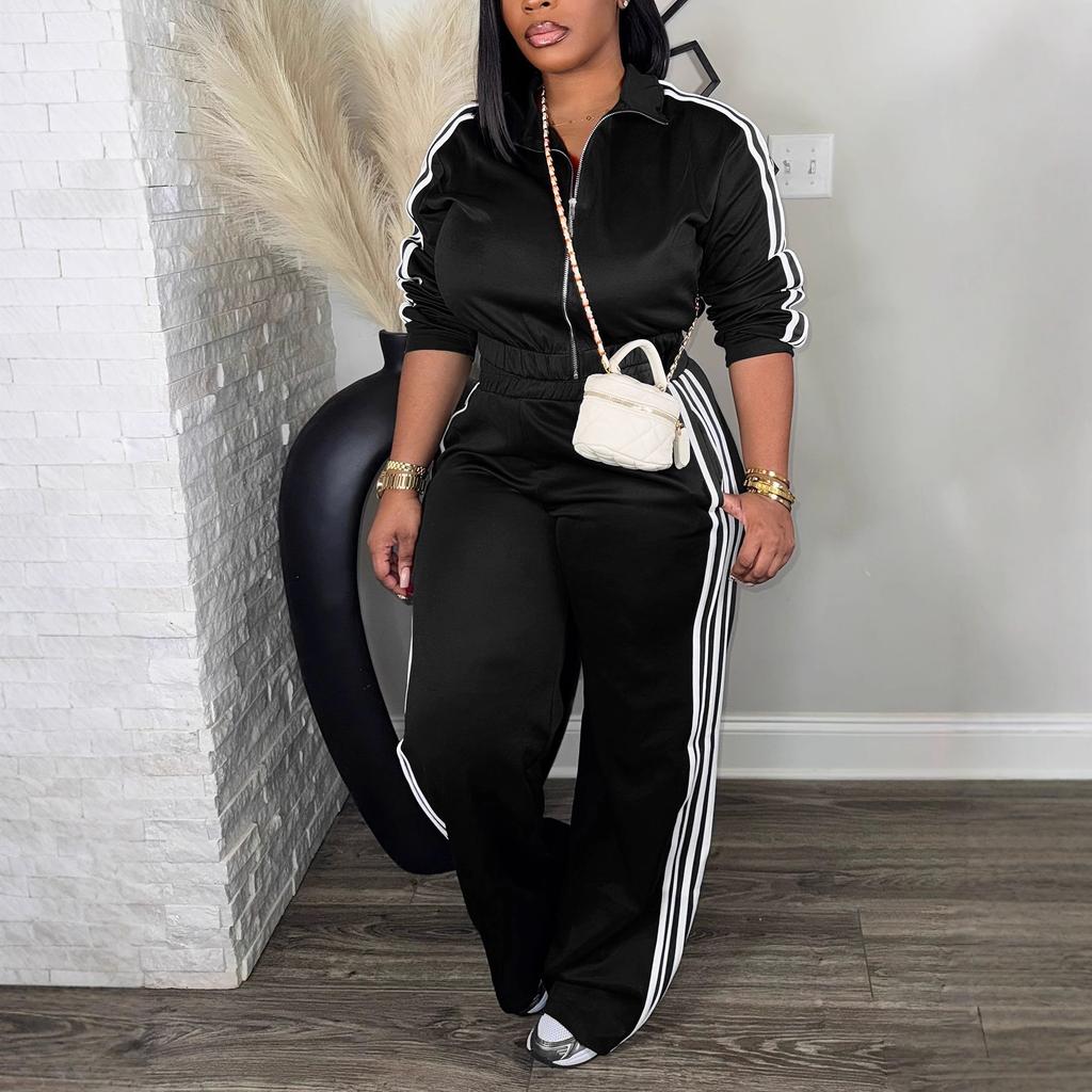 Women's Zip Front Hoodie and Side Stripe Pants Tracksuit Set