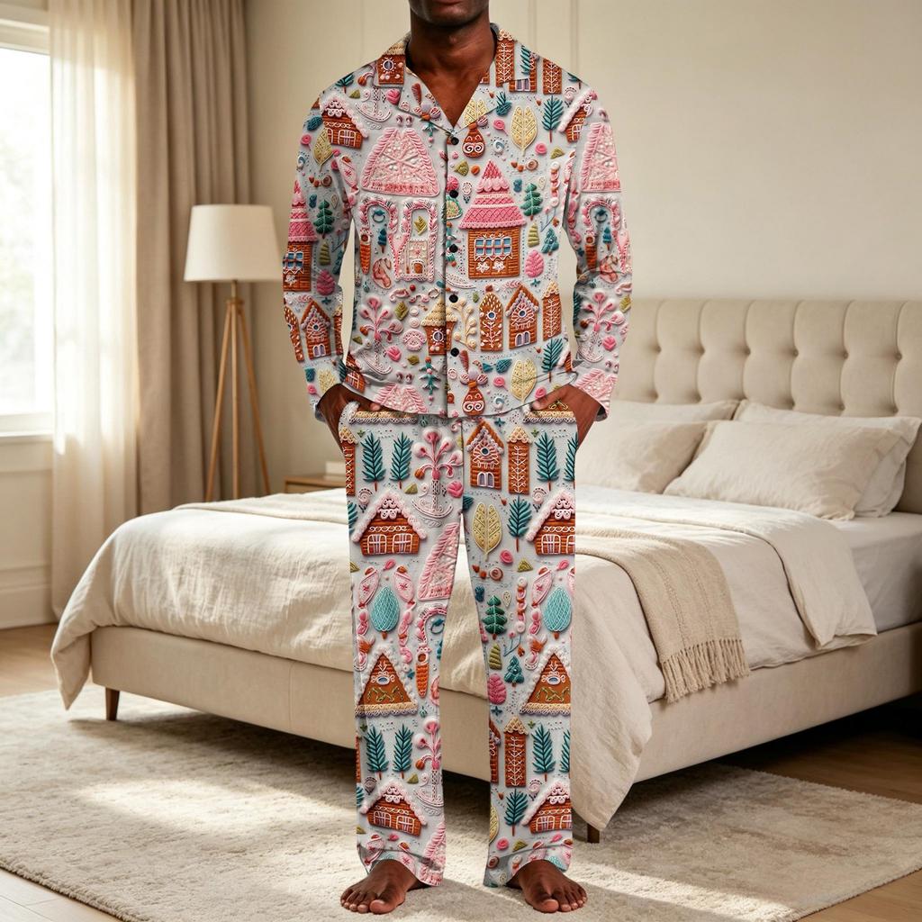 Men's Loose Fit Christmas Print Pajama Set with Button Down Top and Straight Leg Pants - Two Piece Holiday Sleepwear