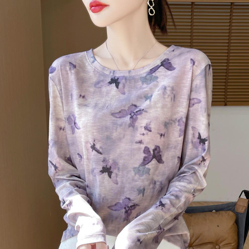 Frühling und Herbst Neues T-Shirt für Damen mit lockerem Rundhalsausschnitt und langen Ärmeln mit gedrucktem Muster in Tuschemalerei