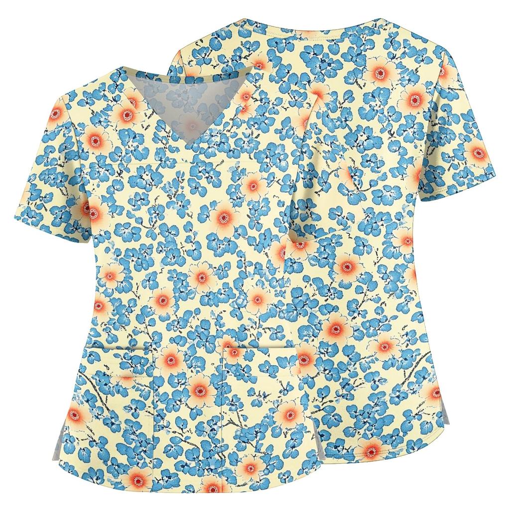 Floral Print V Neck Medical Scrub Top with Pockets Side Slits Short Sleeve Nurse Uniform Shirt for Women Comfortable Fit