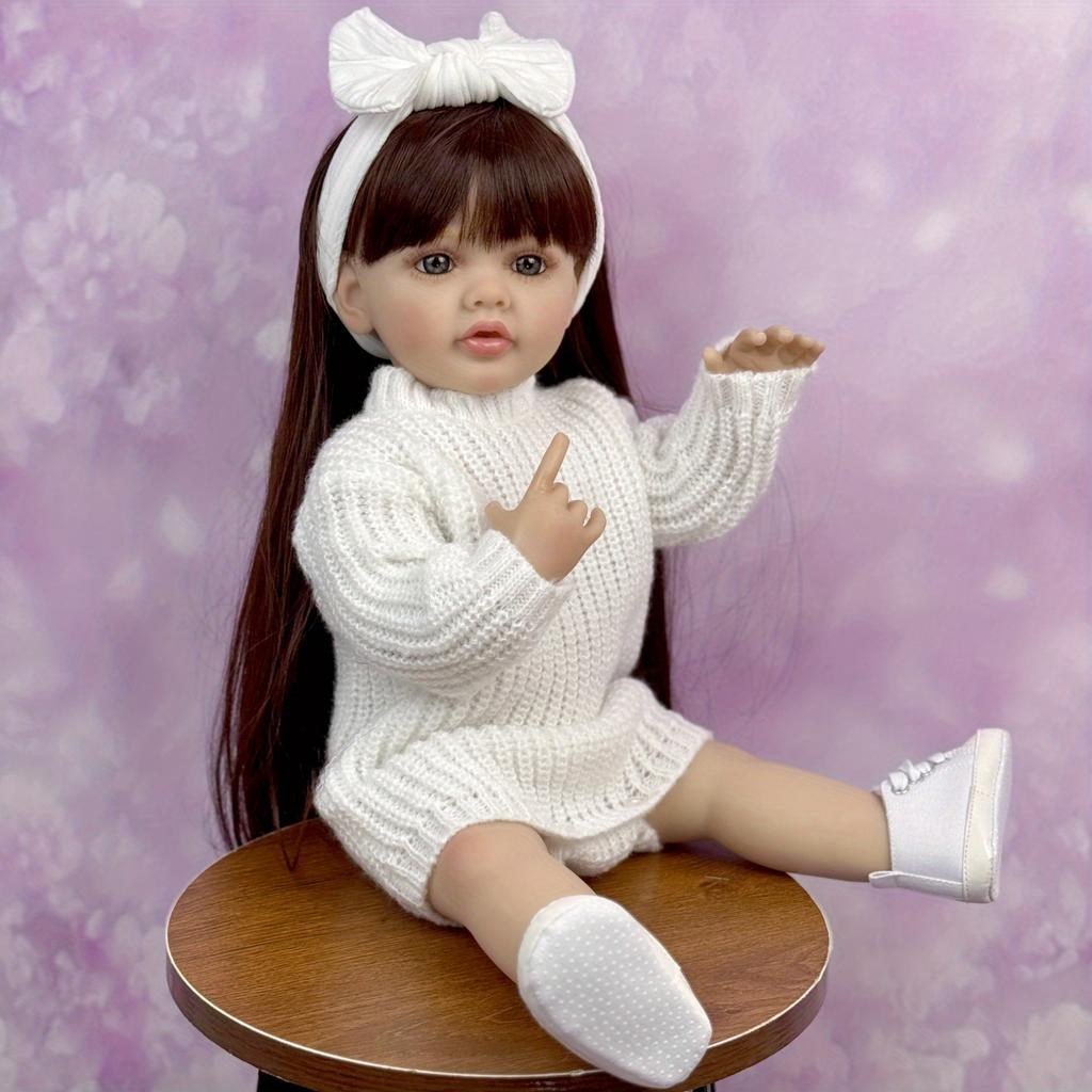 BZDOLL 55CM 22Inch Full Vinyl Body Reborn Baby Girl Doll Dress Up Brown Long Hair Princess Toddler Doll For Child Lovely Birthday Gift Handmade Toy