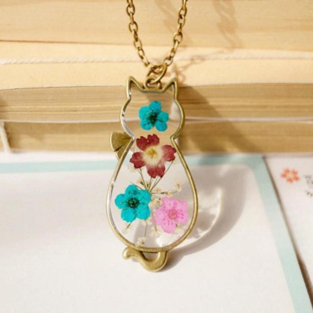 Collana con Ciondolo Gatto Fiori Secchi Naturali Fatto a Mano per Accessori Casual da Donna