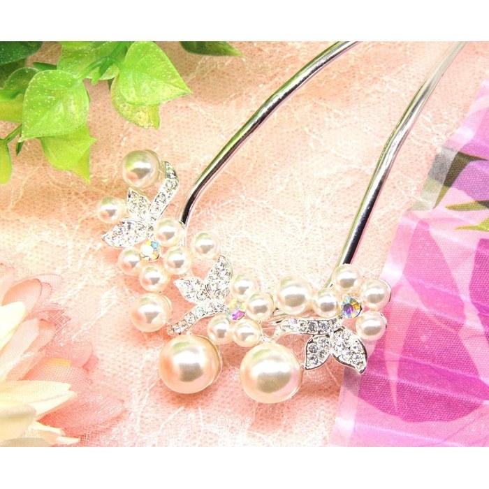 [Miaomyao] Hairpin U-Shaped Hair Ornament Japanese Style Yukata Kimono Pearl Hair Comb Flower Hair Accessory Silver Large Size