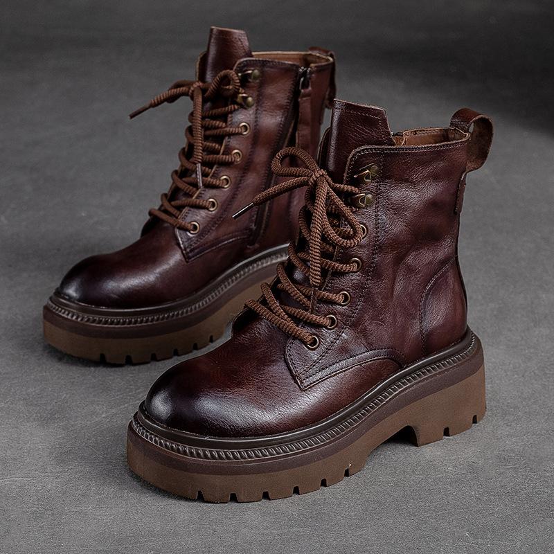 

Johnature, винтажные ботинки на толстой подошве, короткие сапоги из натуральной кожи с боковой молнией, модная универсальная женская обувь 38 кофейный