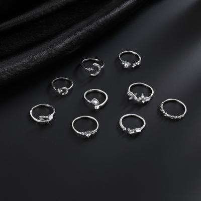 9 buc/set Set de inele pentru doamnă, decor cu strasuri în forme diverse, stea, lună, fluture, inimă, bijuterii ajustabile pentru degete