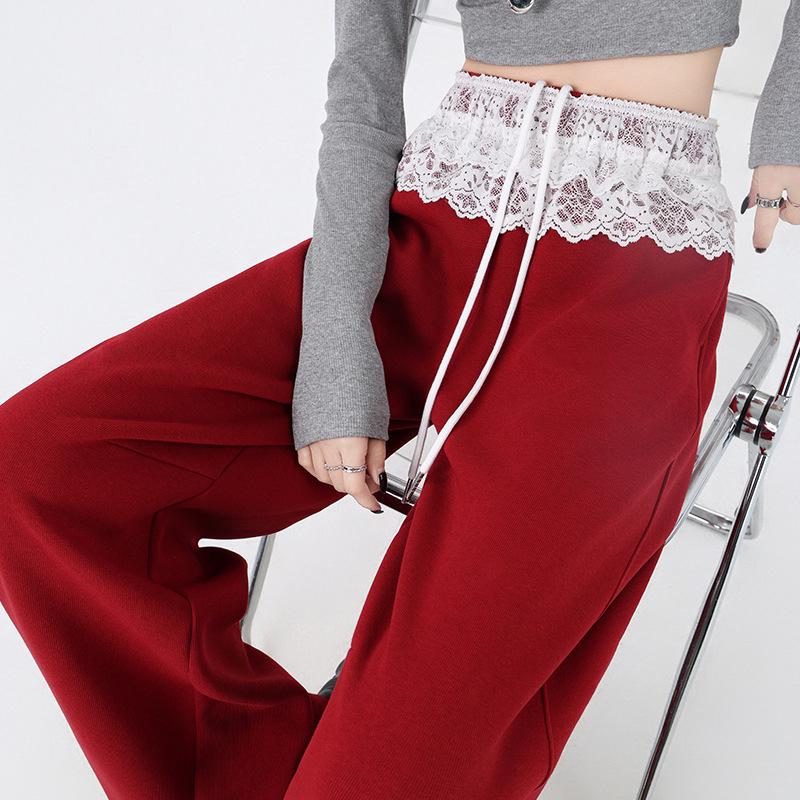 Lace Mesh Patchwork Drawstring Women's Wide-Leg Pants - Spring Comfort, Lazy Style, Versatile & Trendy Sweatpants.