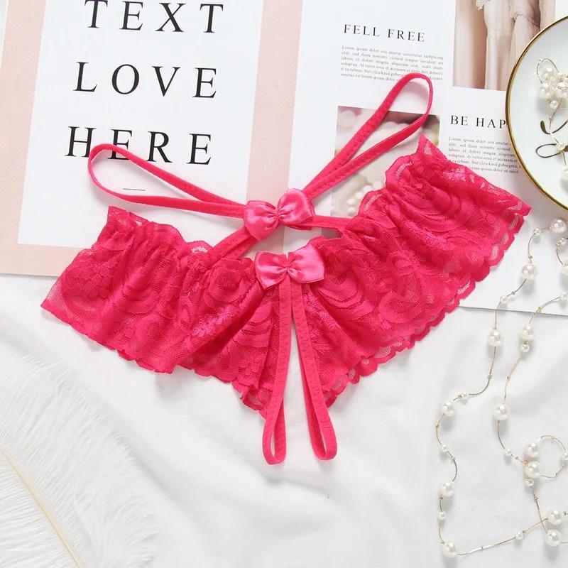 Sexy Lingerie Women Transparent G-strings Thongs Crotch Opening Lace Panties with Bowknot for Ladies