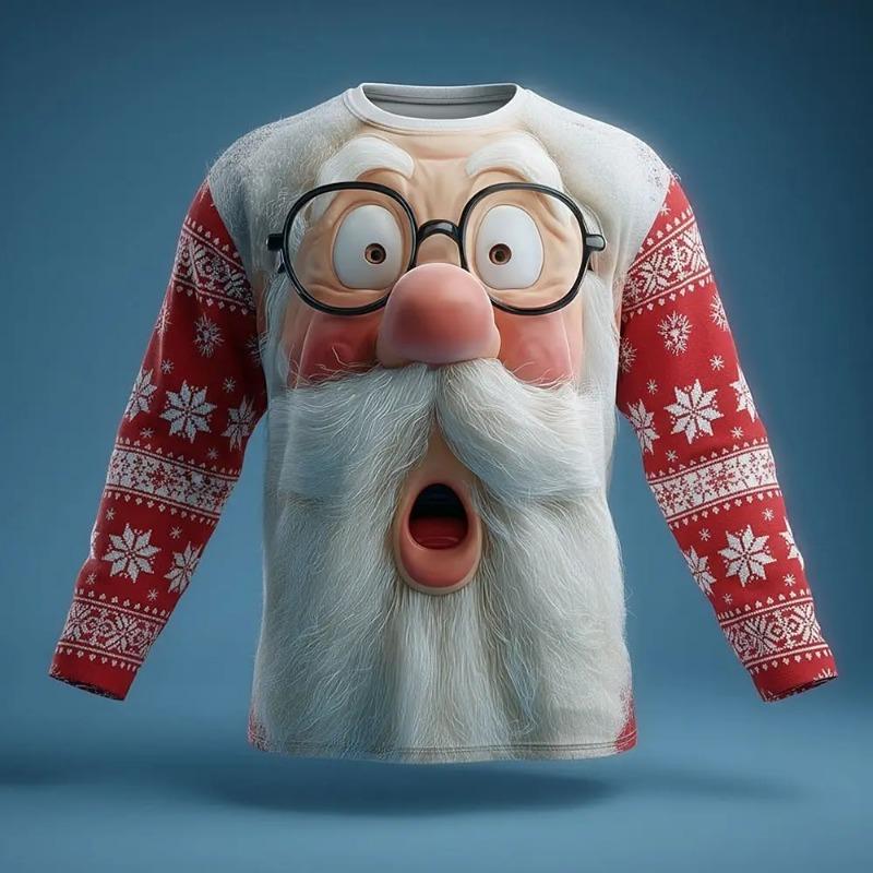 Men Christmas Long Sleeve T‑Shirt 3D Santa Claus Print Red White Stripe Autumn Xmas Holiday Party Casual Tee Tops