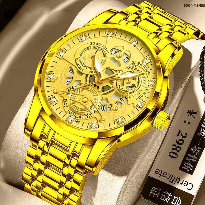 Men's Waterproof Automatic Quartz Watch with Luminous Hollow Diamond Design