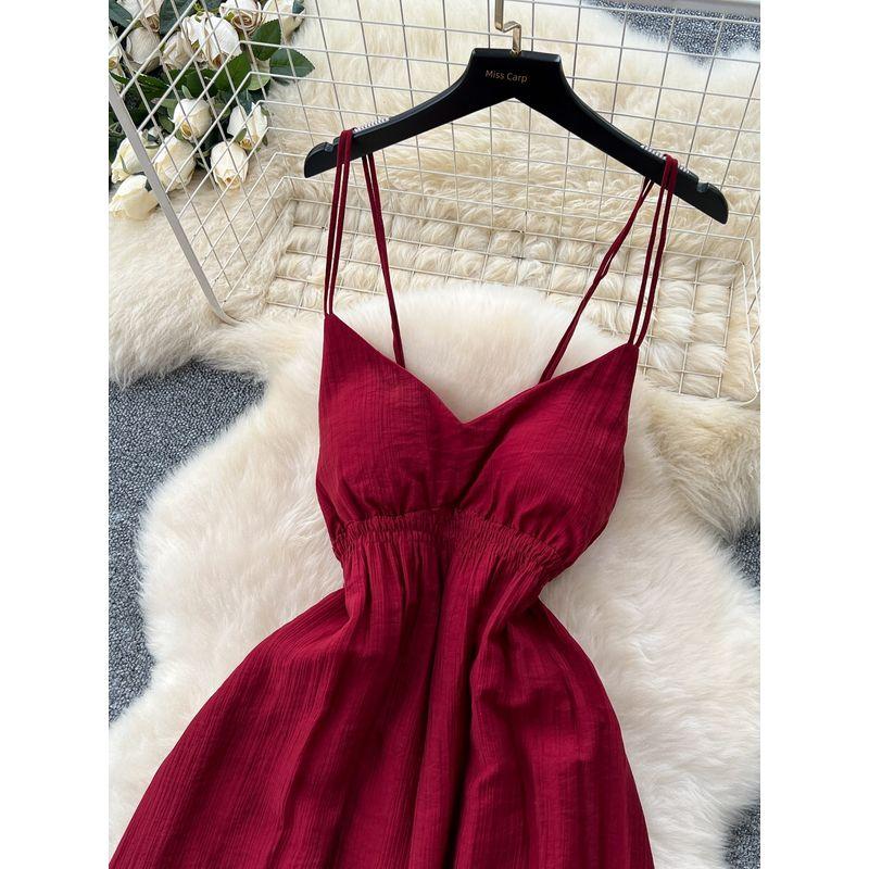 Red Holiday Style Dress Women 2025 Summer French style Pure Desire Waist Hugging Temperament Sling Wooden Ear Backless Long dress