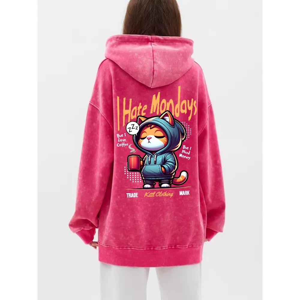 

Хлопковые женские худи с кислотной стиркой, милые мультяшные принты кошек, уличная одежда, удобные, с карманом, одежда оверсайз 3XL