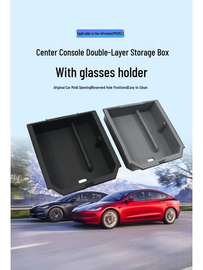 Tesla Model 3 Facelift Double-Layer Center Console Glasses Holder & Storage Box Accessory.