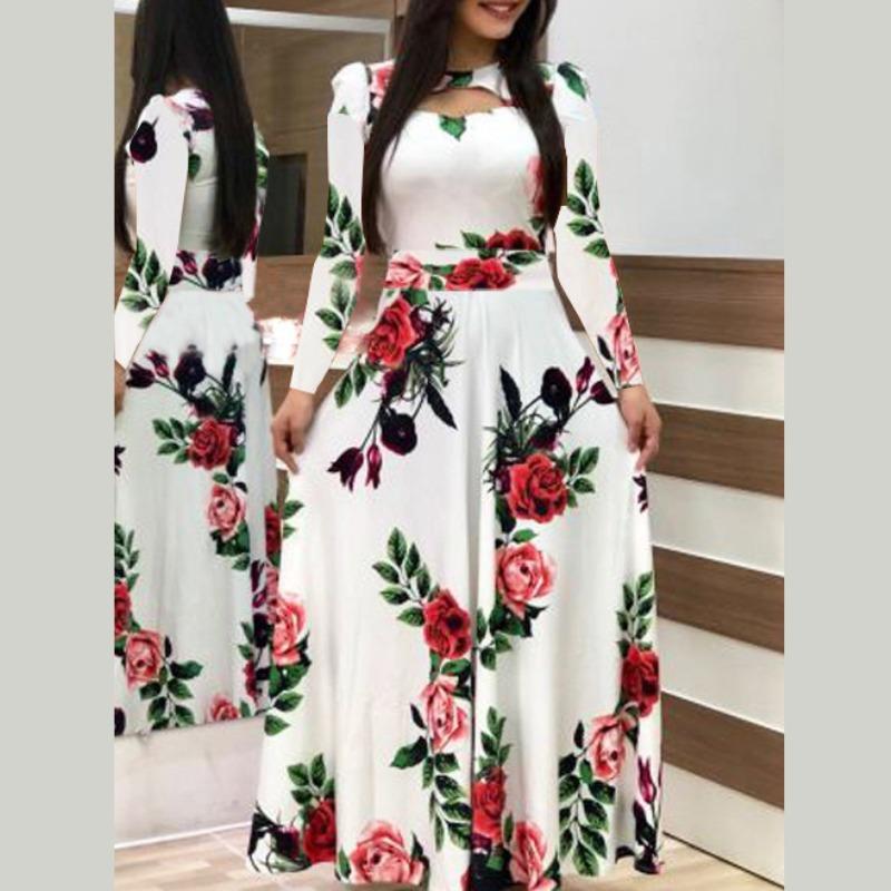 Böhmisches Kleid mit Blumendruck, langen Ärmeln, für Damen, Frühling, Herbst, lange Kleider, Rundhalsausschnitt, weiter Schwung