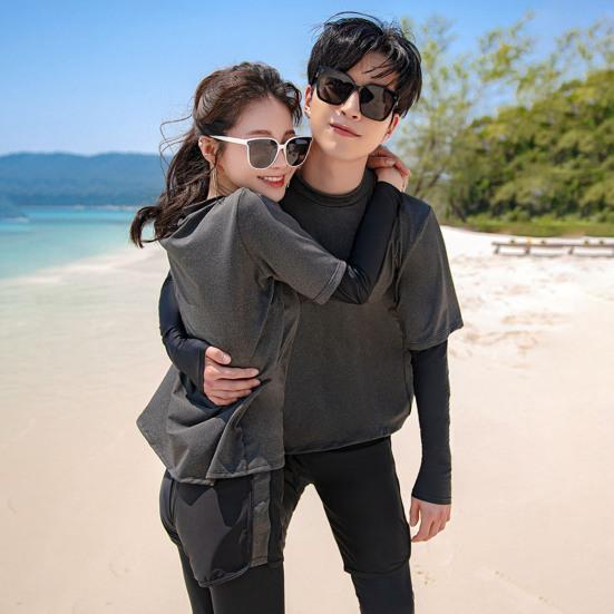 2 Pcs/Set Unisex Swimsuit Set Long Sleeves Quick-drying Fake Two-Piece Top Loose High Elasticity Adjustable Waist Couple Surfing Diving Clothes