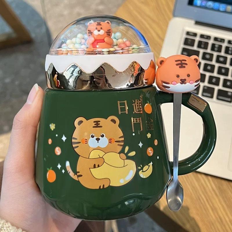 Year of the Tiger Mug with Lid Creative Large Capacity Ceramic Cup Couple Pair Cup Cute Cartoon Coffee Mug for Home Use