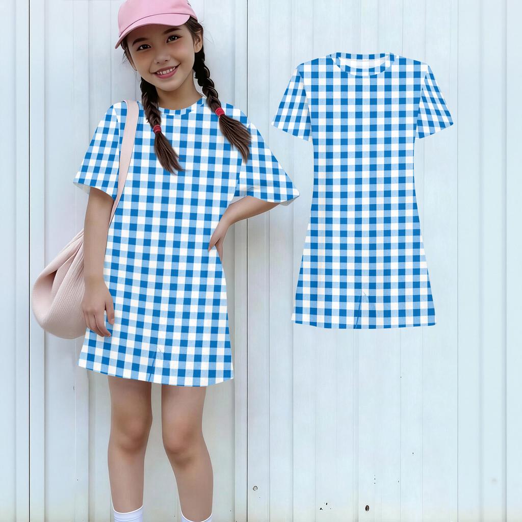 Girls Plaid Pattern Dress Loose Fit Short Sleeve Round Neck Lightweight Casual Dress for Children Suitable for Daily Wear and Outdoor Activities