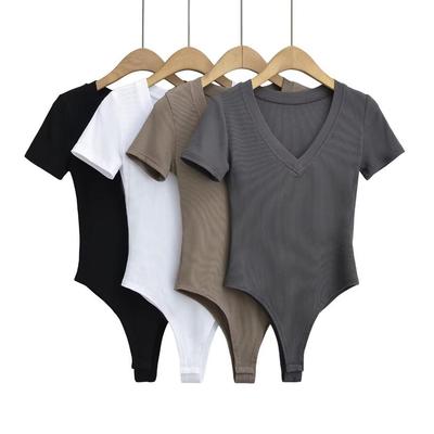 Trendy Women's V-Neck Short-Sleeve Open Crotch Bodysuit Jumpsuit