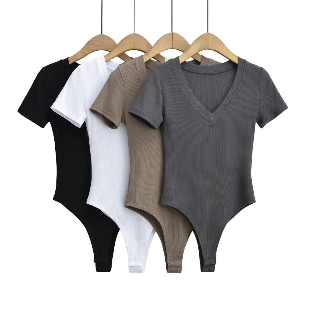 Trendy Women's V-Neck Short-Sleeve Open Crotch Bodysuit Jumpsuit