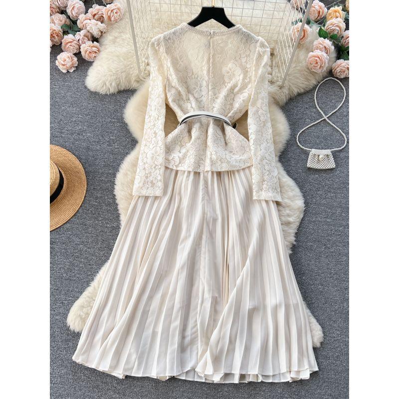 Classic Style Heavy Industry Beads Metal Buckle Pleated Dress