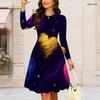 Women Plus Size Round Neck Long Sleeve Swing Midi Dress Space Galaxy Golden Textured Heart Print High Waist Dress