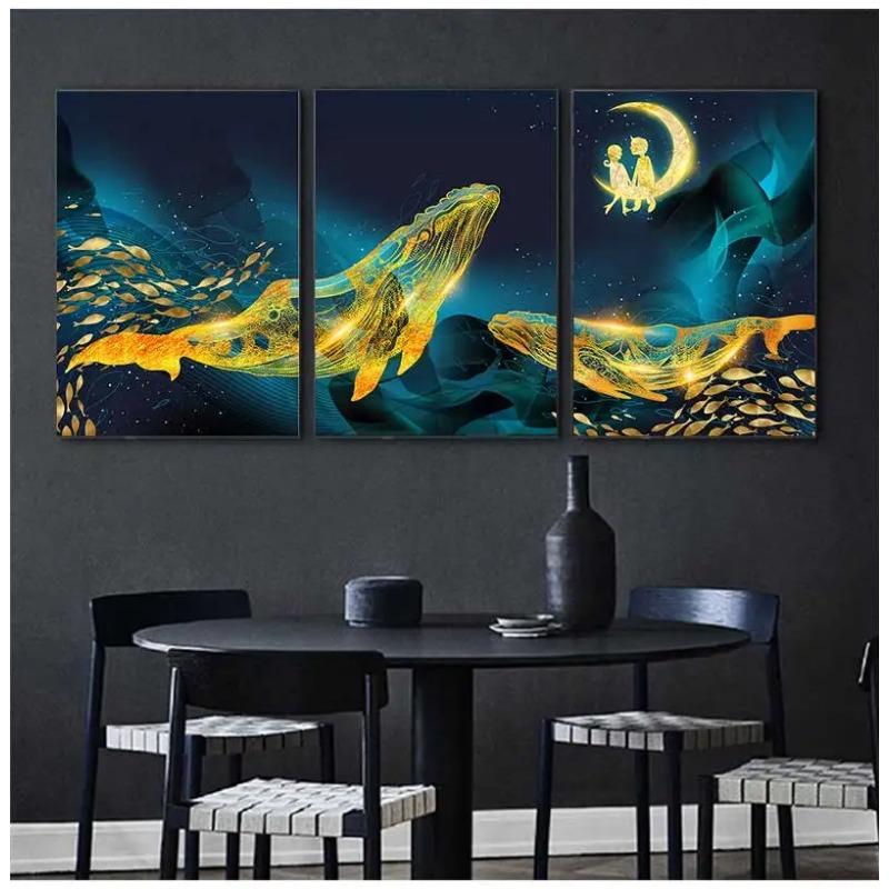 Afiș de pictură artistică cu balenă de aur și mare și poză de imprimare pe perete, terasa, decorare, pânză scandinavă, imprimare artistică cu ridicata