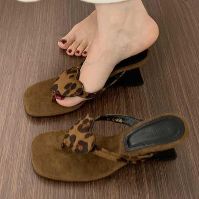Woman Slippers Leopard Heels Shoes Clip Toe Designer Woman Sandals Summer 2025 Casual Flip Flops Pumps Dress Sandalias De Mujer