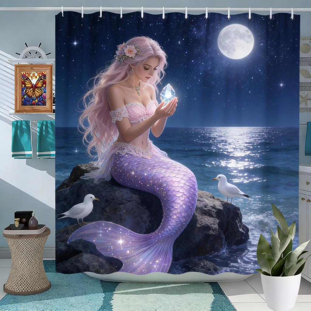 1ks Zlatý ocas mořské panny Podvodní sprchový závěs - Magická koupelnová dekorace, Polyester, Pratelný, 70,8x70,8 palce, Sušit na šňůře, n