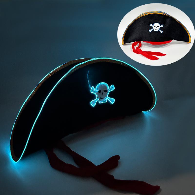 1 pièce Casquette Pirate Crâne avec Lumière LED Halloween Lumineuse Casquette de Capitaine Accessoires de Costume Cosplay Accessoire pour Adulte Fête de Carnaval Déc bleu