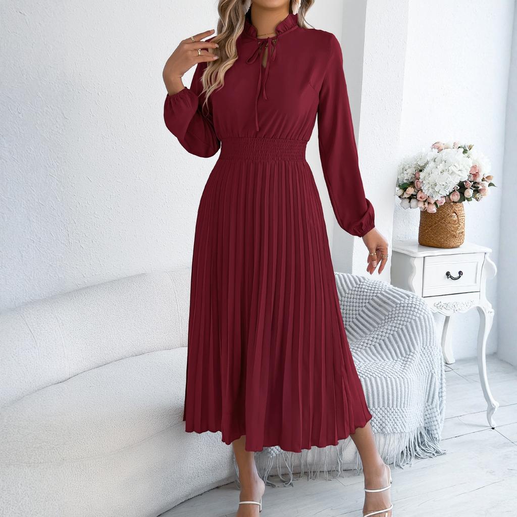 Women's Fashionable Casual Loose-Fit Tie-Waist Bell-Sleeve Pleated Dress