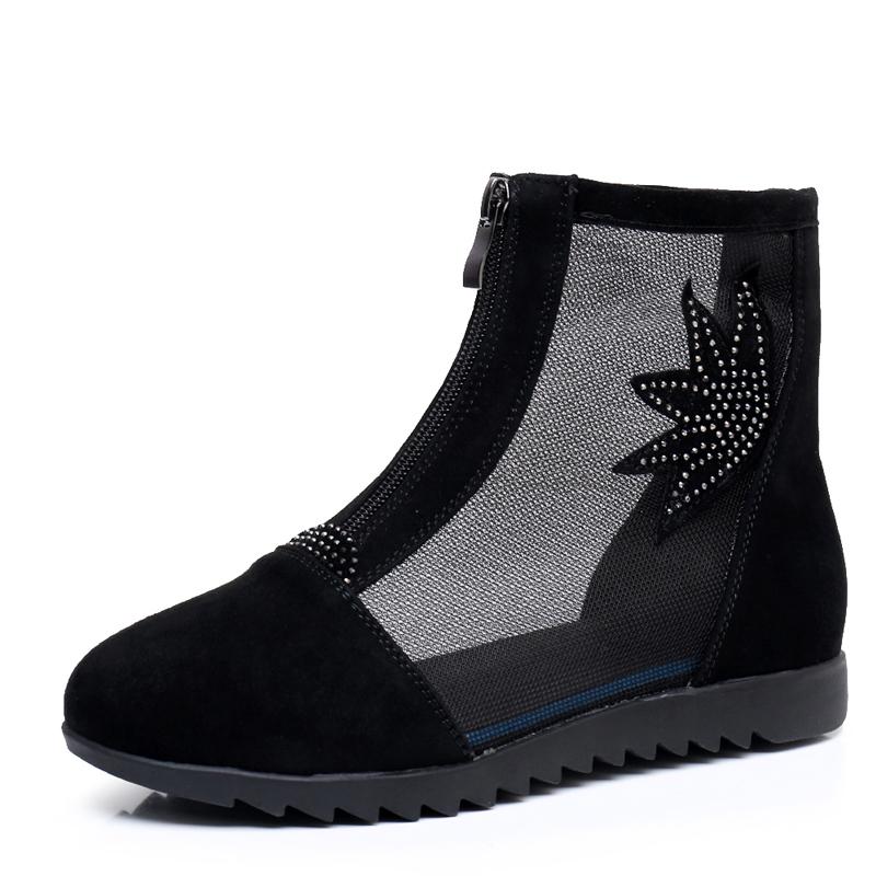 Fashion GKTINOO Fashion Women Kid Suede Genuine Leather Sandals Boots Breathable Mesh Ladies Flat Shoes Spring Summer Large Size 34-43