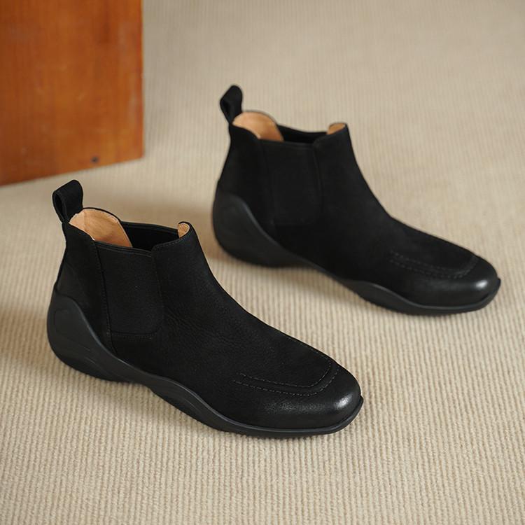 Polished Round Head Thick-soled Short Boots for Women's 2025 Autumn and Winter New Soft-soled Comfortable Niu Bago Leather Elastic Single Boots