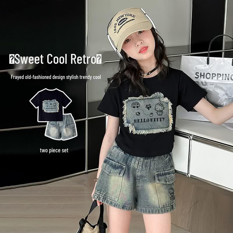Hello Kitty Girls  Retro T-shirt & Denim Shorts Set 150