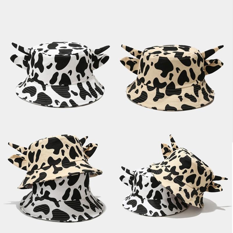 Summer for Sun Cap Wide Brim Fisherman Hat Cow Print Bucket Hat with Horns & Ear