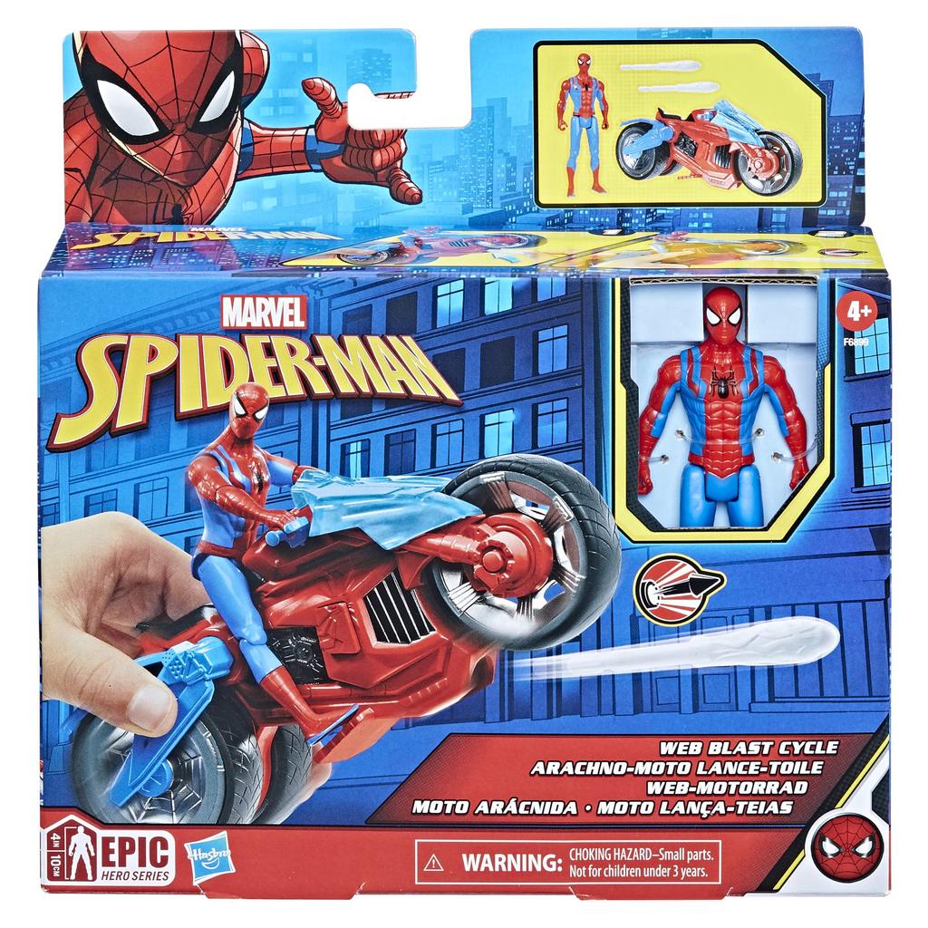 Marvel Spider-Man Web Blast Cycle, 4-inch (10cm) Action Figure with Vehicle and 2 Projectiles, Kids Playset, Ages 4+, F6899, Authentic