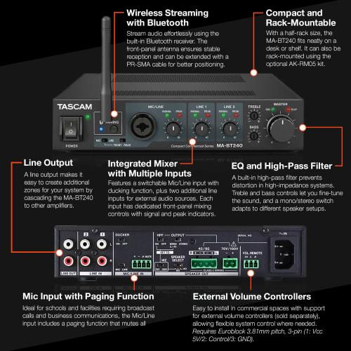 TASCAM MA-BT240 Mixing Amplifier with Microphone Input and Bluetooth, Supports High and Low Impedance