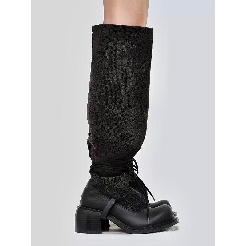 Cowhide version~ niche design fashionable long boots women's retro babes pile boots thick heel knight boots look thin