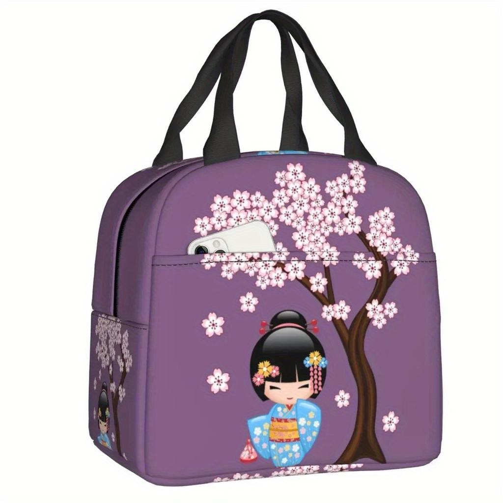 Cherry Blossom Kokeshi Doll Insulated Lunch Bag - Reusable Thermal Cooler Bento Box with Cute Sakura Design