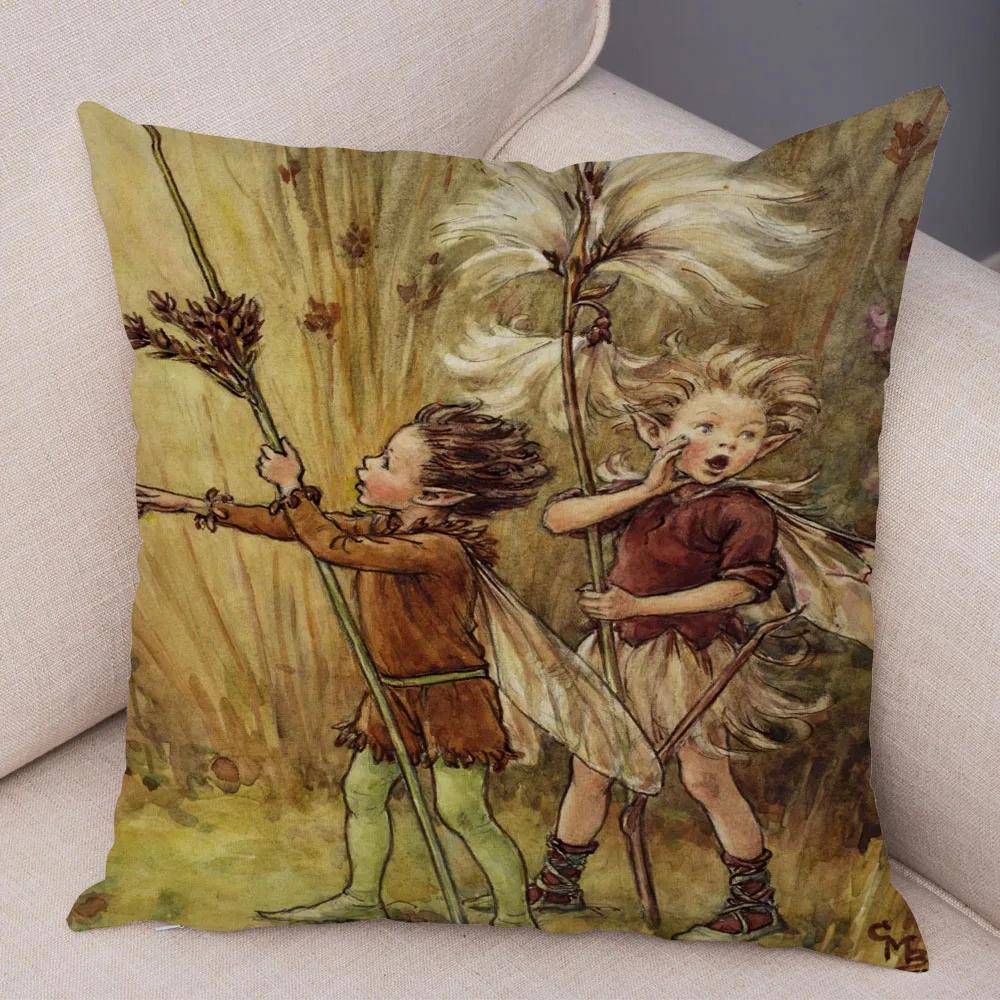 Vintage Cartoon Elfen Kissenbezug Dekor Bunte Märchenwelt Kissenbezug Plüsch Blumenmädchen Kissenbezug für Sofa Zuhause
