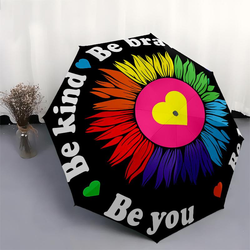 Be Kind, Be Brave: Flower StickerUmbrella, Portable 3-Fold Compact Umbrella for Men & Women Gift