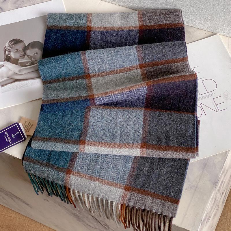 Men's Dark Blue Plaid 100% Pure Wool Scarf - Luxurious Winter Gift for Boyfriend, Father, or Elders.