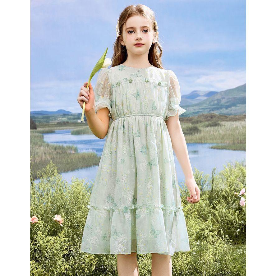 Mädchen Modisches Kurzarmkleid, Süßes Prinzessinnenkleid für Kinder Frühling und Herbst