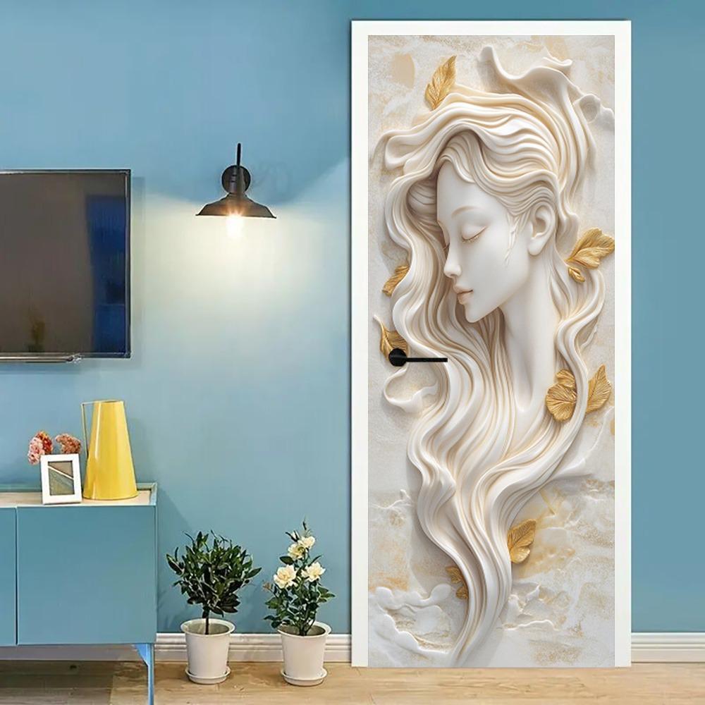 Stylish Gold Leaf Abstract Door Sticker - Elegant 3D Sculptural Feminine Art Door Sticker, Removable Self-Adhesive Wallpaper