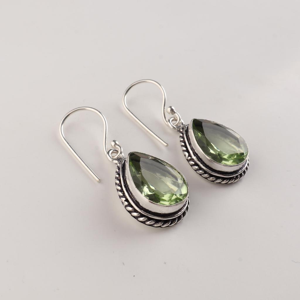 Green Amethyst Gemstone 925 Sterling Silver Customize Teardrop Earrings 1.5" Gift For Mom AEE-2-15