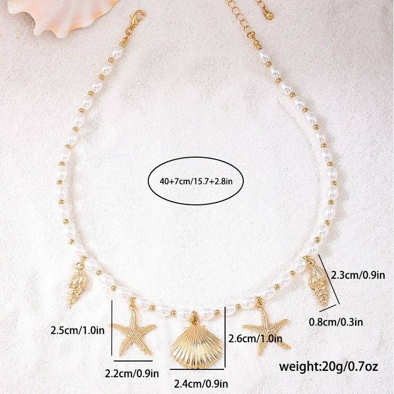 Temperament Ocean Element Metal Imitation Pearl Beaded Shell Conch Starfish Ladies Necklace