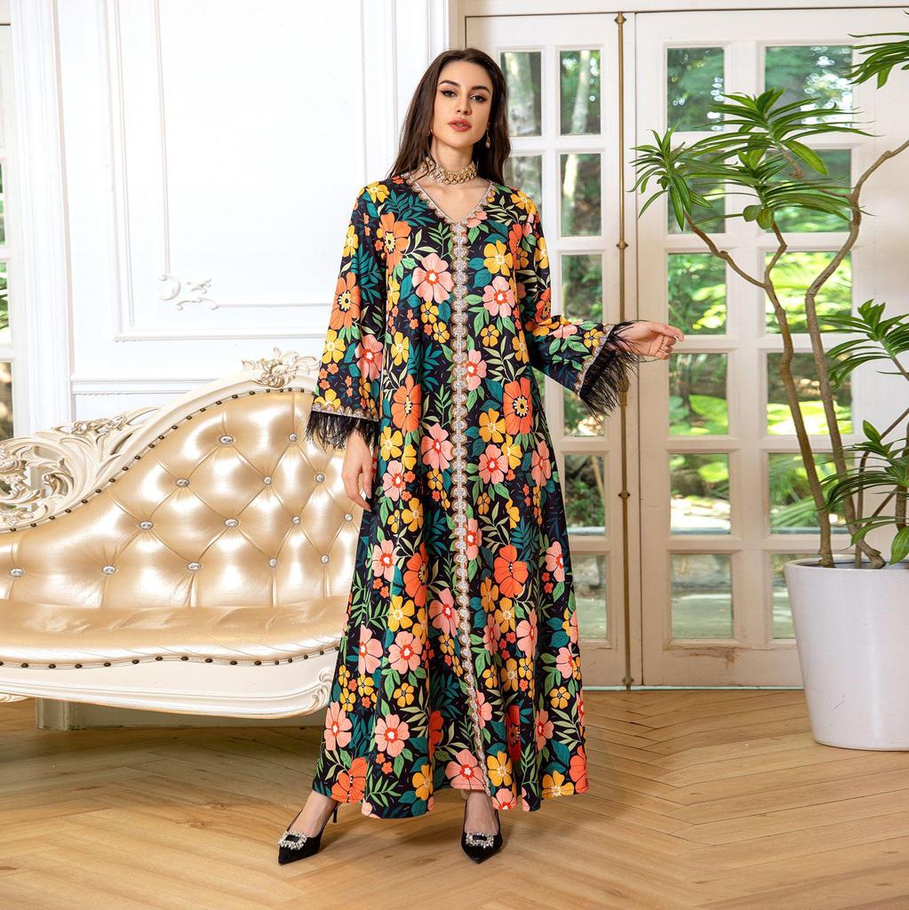 AB359 Stylish Long Robe with Feather Details: European & American Muslim Fashion